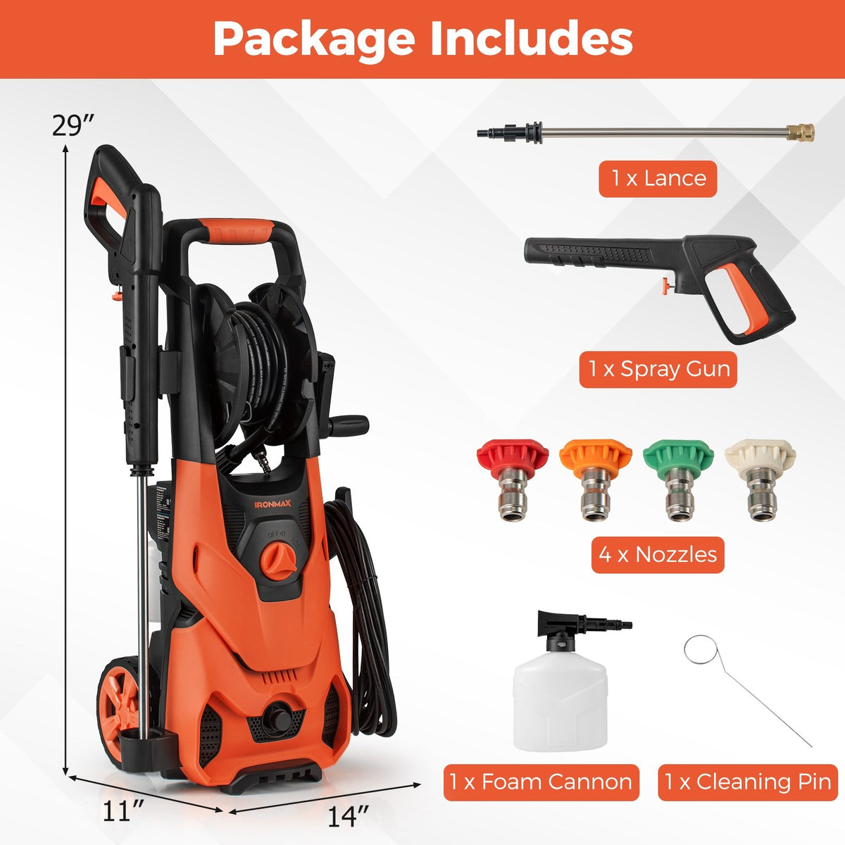 2150PSI Electric Pressure Washer 1.2GPM with 4 Quick Connect Nozzles and Foam Cannon-Orange view 4