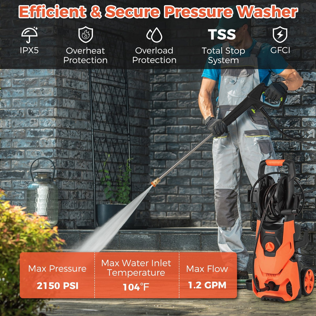 2150PSI Electric Pressure Washer 1.2GPM with 4 Quick Connect Nozzles and Foam Cannon-Orange view 5