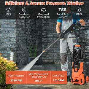2150PSI Electric Pressure Washer 1.2GPM with 4 Quick Connect Nozzles and Foam Cannon-Orange view 5