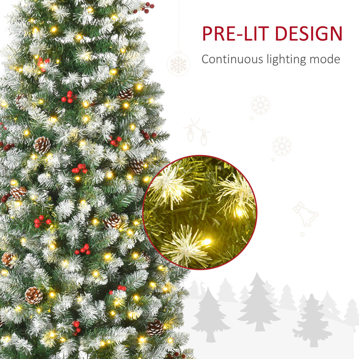 6 ft Snow-Dipped Pencil Christmas Tree Pre-Lit Holiday Decoration with LED Lights Pine Cones Red Berries Green