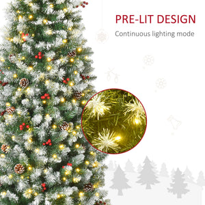 6 ft Snow-Dipped Pencil Christmas Tree Pre-Lit Holiday Decoration with LED Lights Pine Cones Red Berries Green