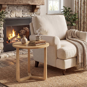 22.5 inch Round Side Table Farmhouse End Table with Sturdy Rubber Wood Legs and Triangular Structure-Natural view 3
