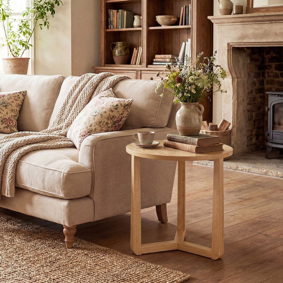 22.5 inch Round Side Table Farmhouse End Table with Sturdy Rubber Wood Legs and Triangular Structure-Natural view 6