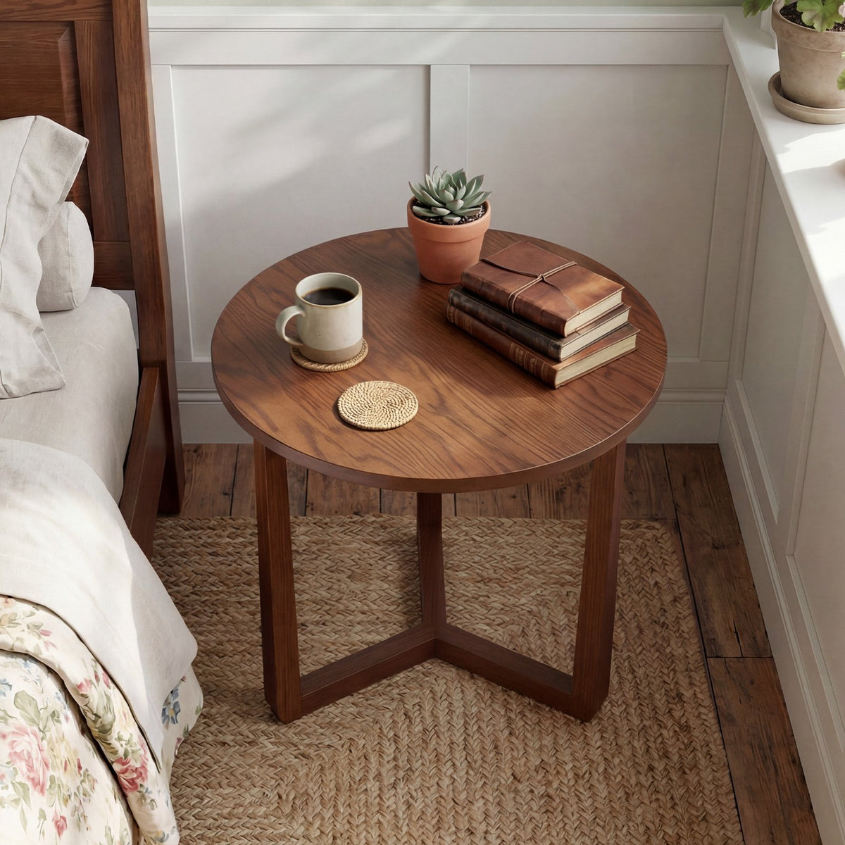 22.5 inch Round Side Table Farmhouse End Table with Sturdy Rubber Wood Legs and Triangular Structure-Walnut view 2