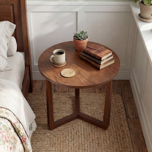 22.5 inch Round Side Table Farmhouse End Table with Sturdy Rubber Wood Legs and Triangular Structure-Walnut view 2
