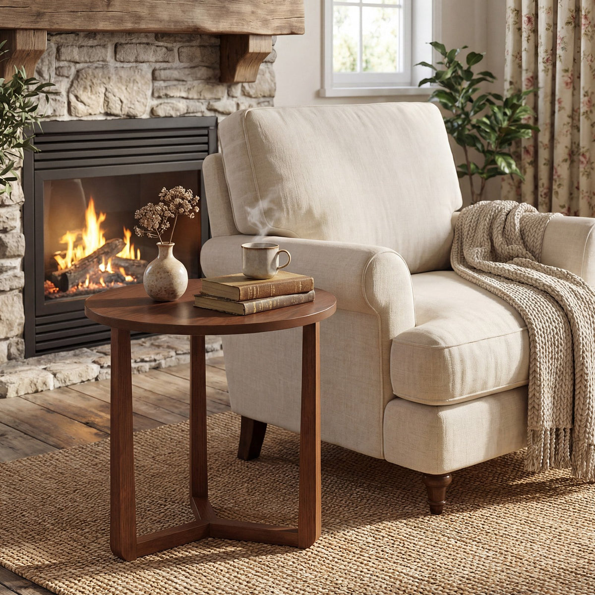 22.5 inch Round Side Table Farmhouse End Table with Sturdy Rubber Wood Legs and Triangular Structure-Walnut view 3