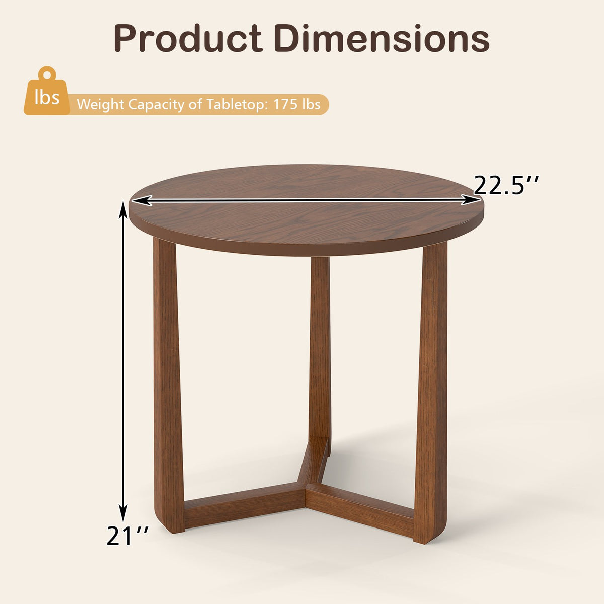 22.5 inch Round Side Table Farmhouse End Table with Sturdy Rubber Wood Legs and Triangular Structure-Walnut view 5