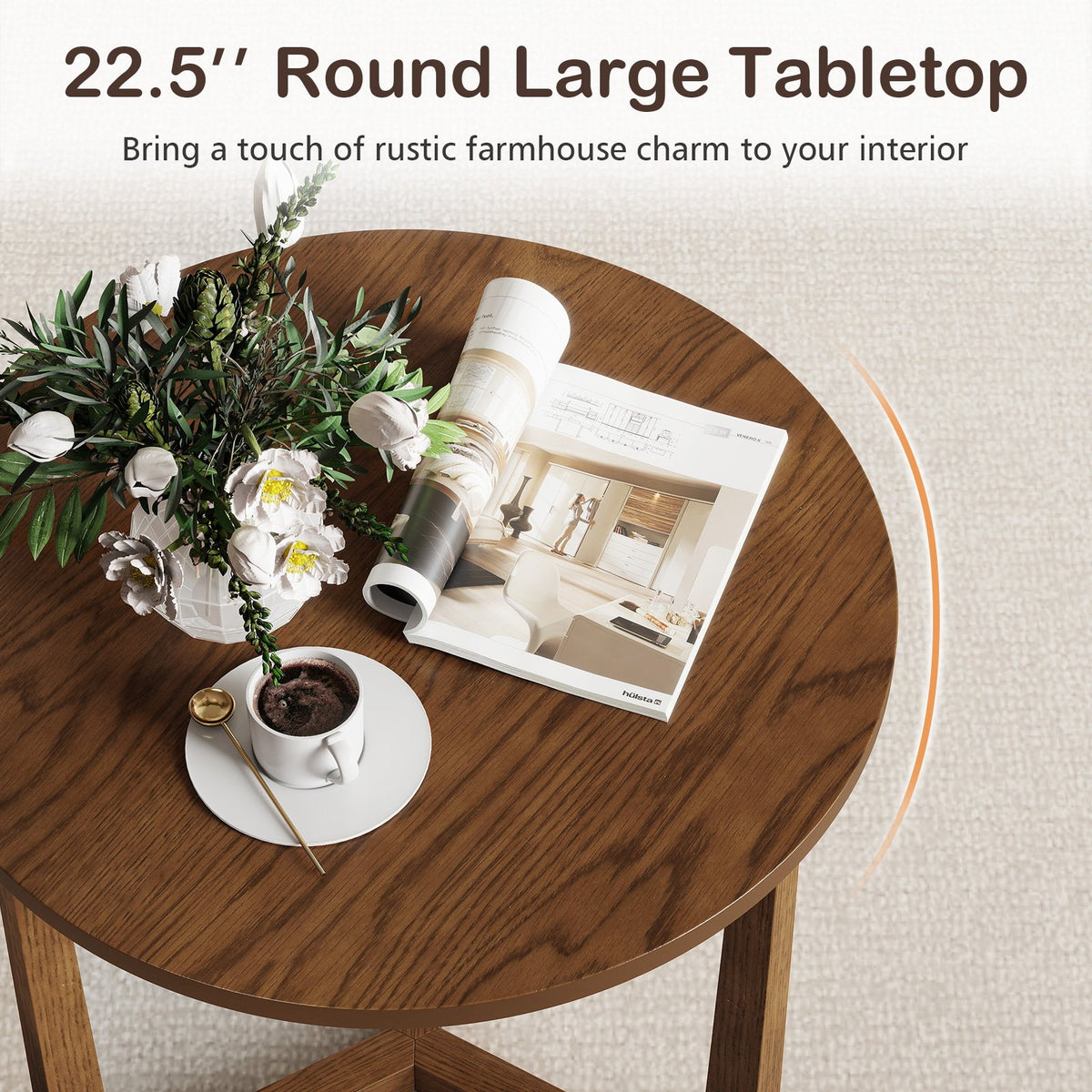 22.5 inch Round Side Table Farmhouse End Table with Sturdy Rubber Wood Legs and Triangular Structure-Walnut view 8