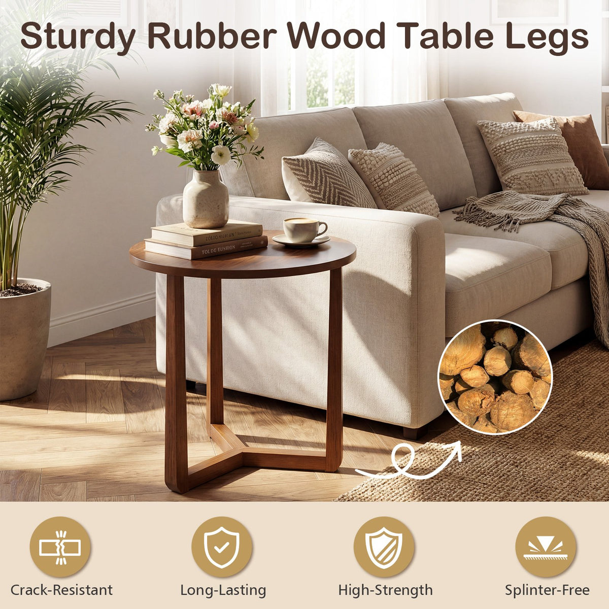 22.5 inch Round Side Table Farmhouse End Table with Sturdy Rubber Wood Legs and Triangular Structure-Walnut view 9