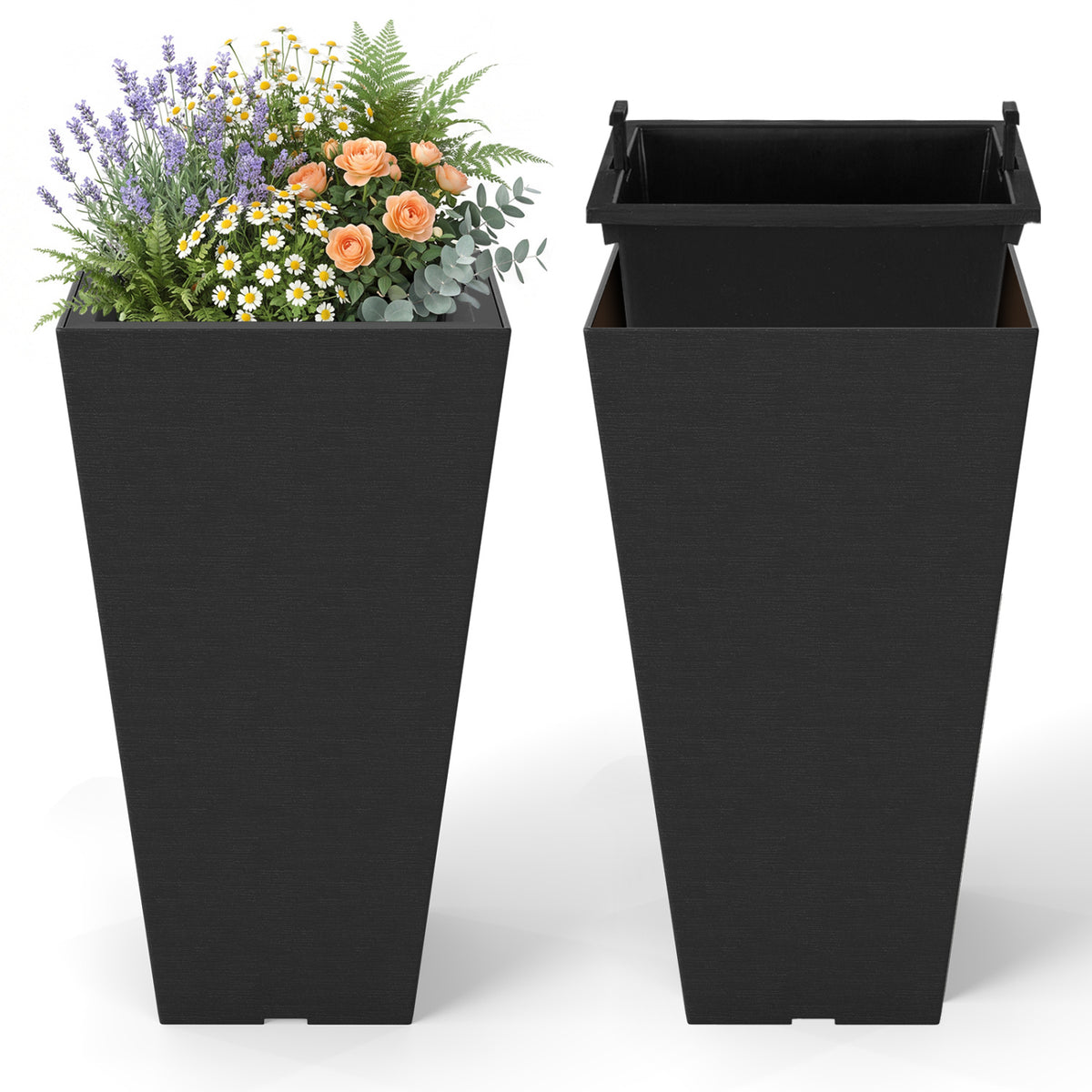 22.5 inch Tall Square Planter Set of 2 Self-Watering Flower Pots with Removable Inner Bucket-Black view 4