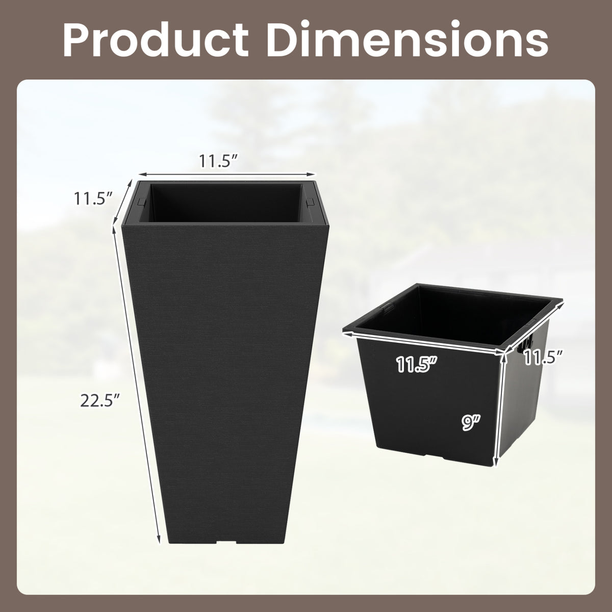 22.5 inch Tall Square Planter Set of 2 Self-Watering Flower Pots with Removable Inner Bucket-Black view 5