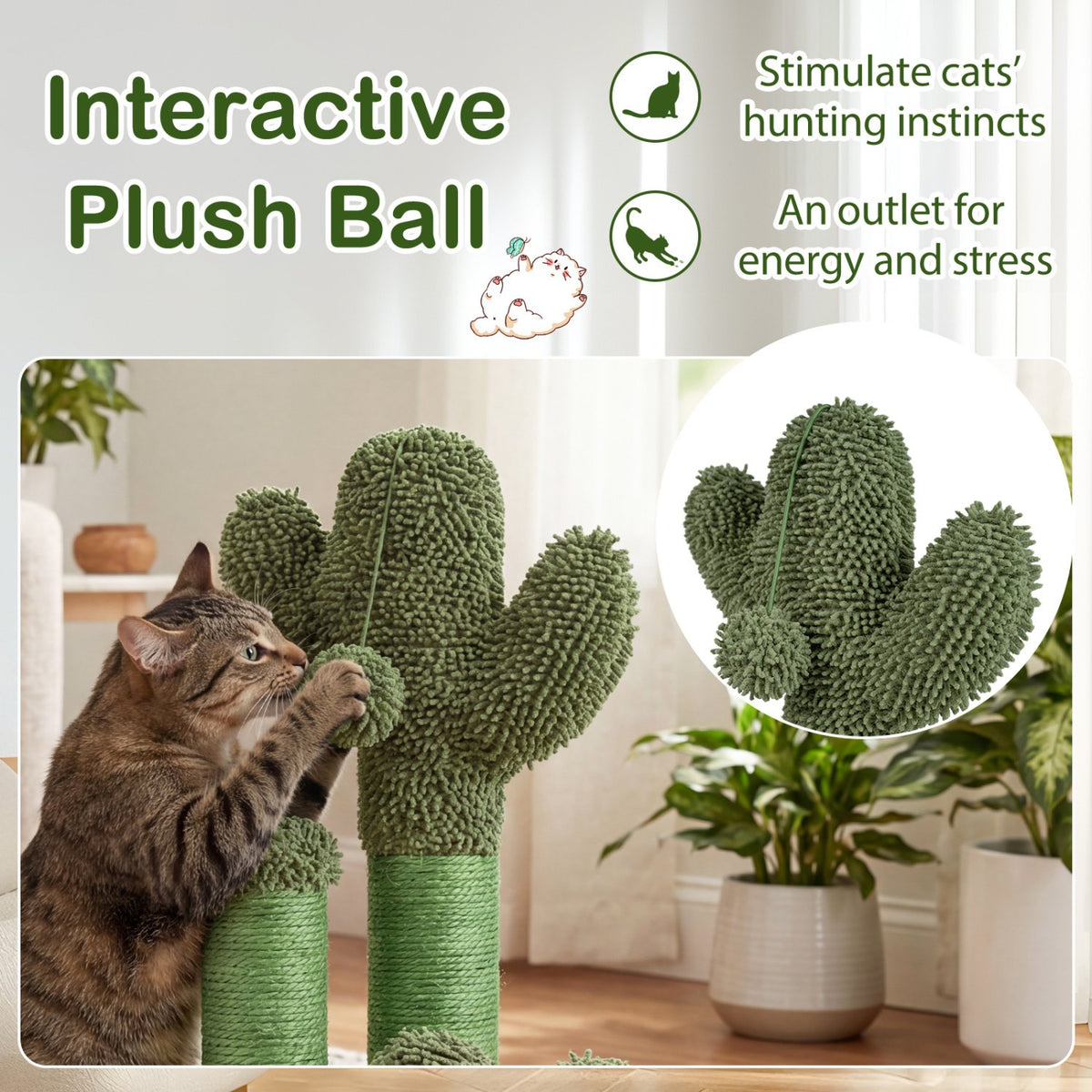 22 Inch Cactus Cat Scratching Post with Natural Sisal Rope-Green view 8