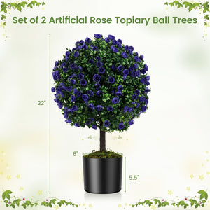 22 Inch Set of 2 Artificial Purple Rose Topiary Ball Trees with Cement-Filled Pot-Purple view 4