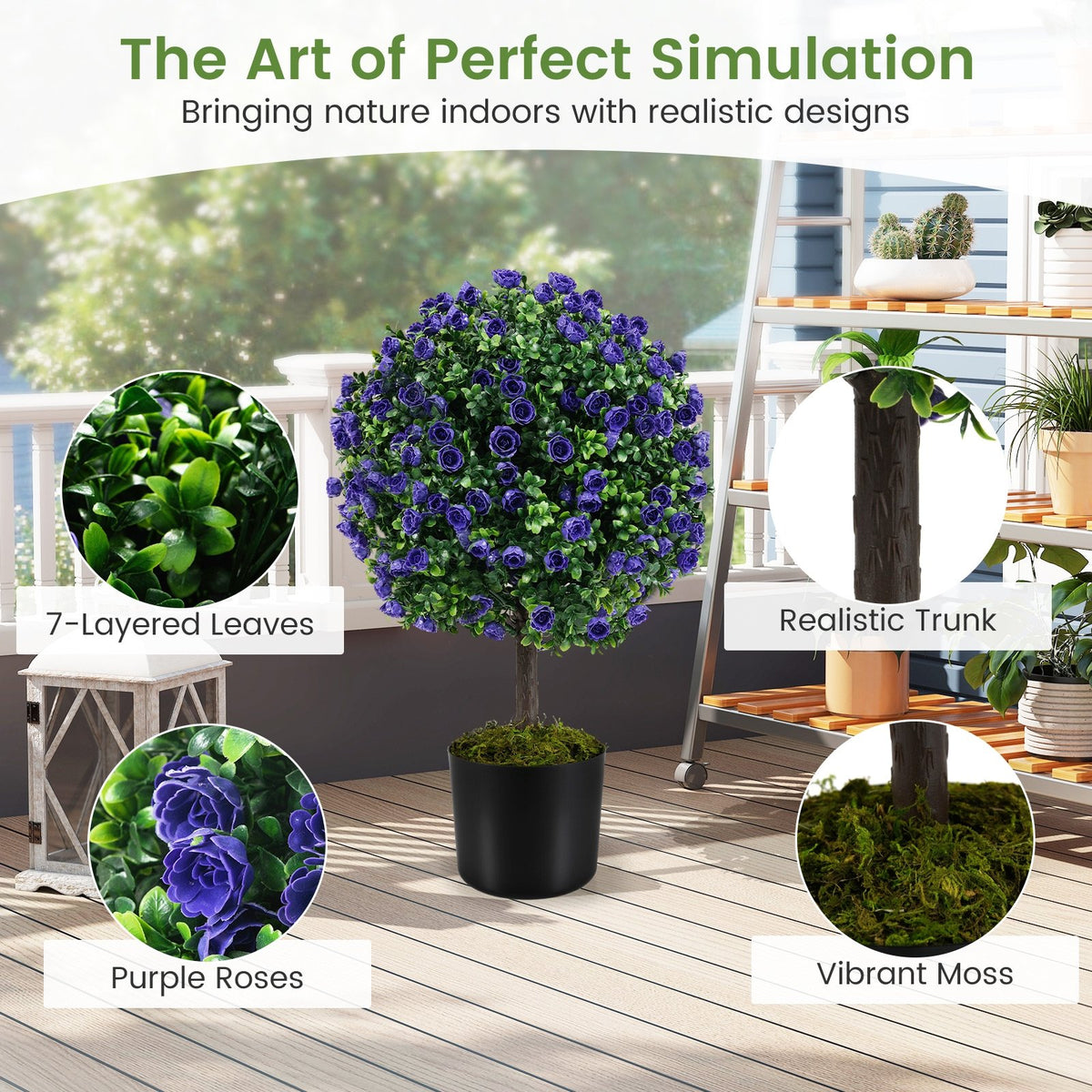 22 Inch Set of 2 Artificial Purple Rose Topiary Ball Trees with Cement-Filled Pot-Purple view 6