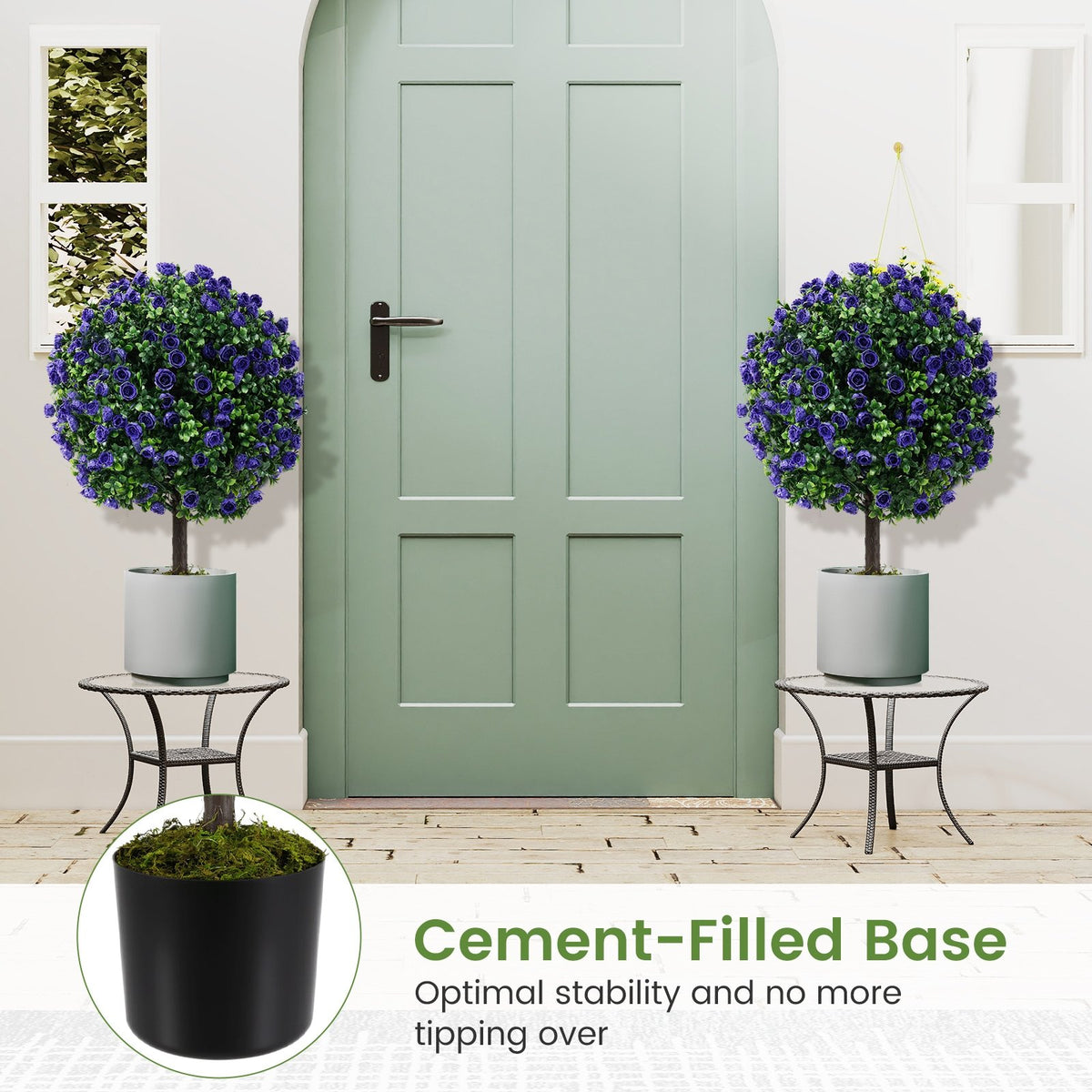 22 Inch Set of 2 Artificial Purple Rose Topiary Ball Trees with Cement-Filled Pot-Purple view 7