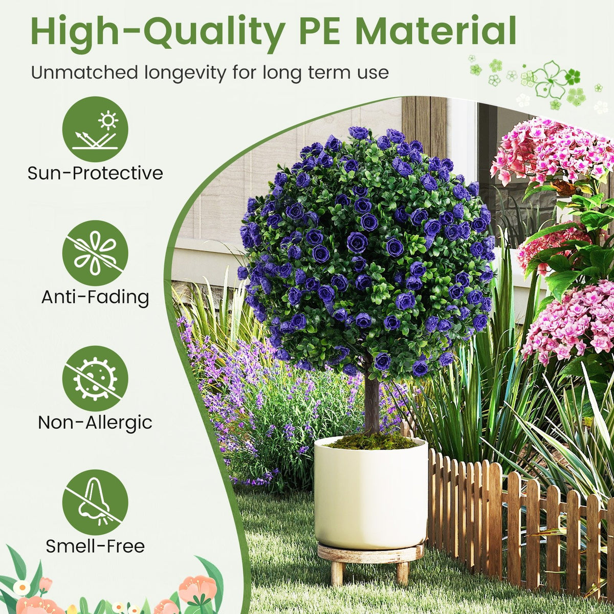 22 Inch Set of 2 Artificial Purple Rose Topiary Ball Trees with Cement-Filled Pot-Purple view 8