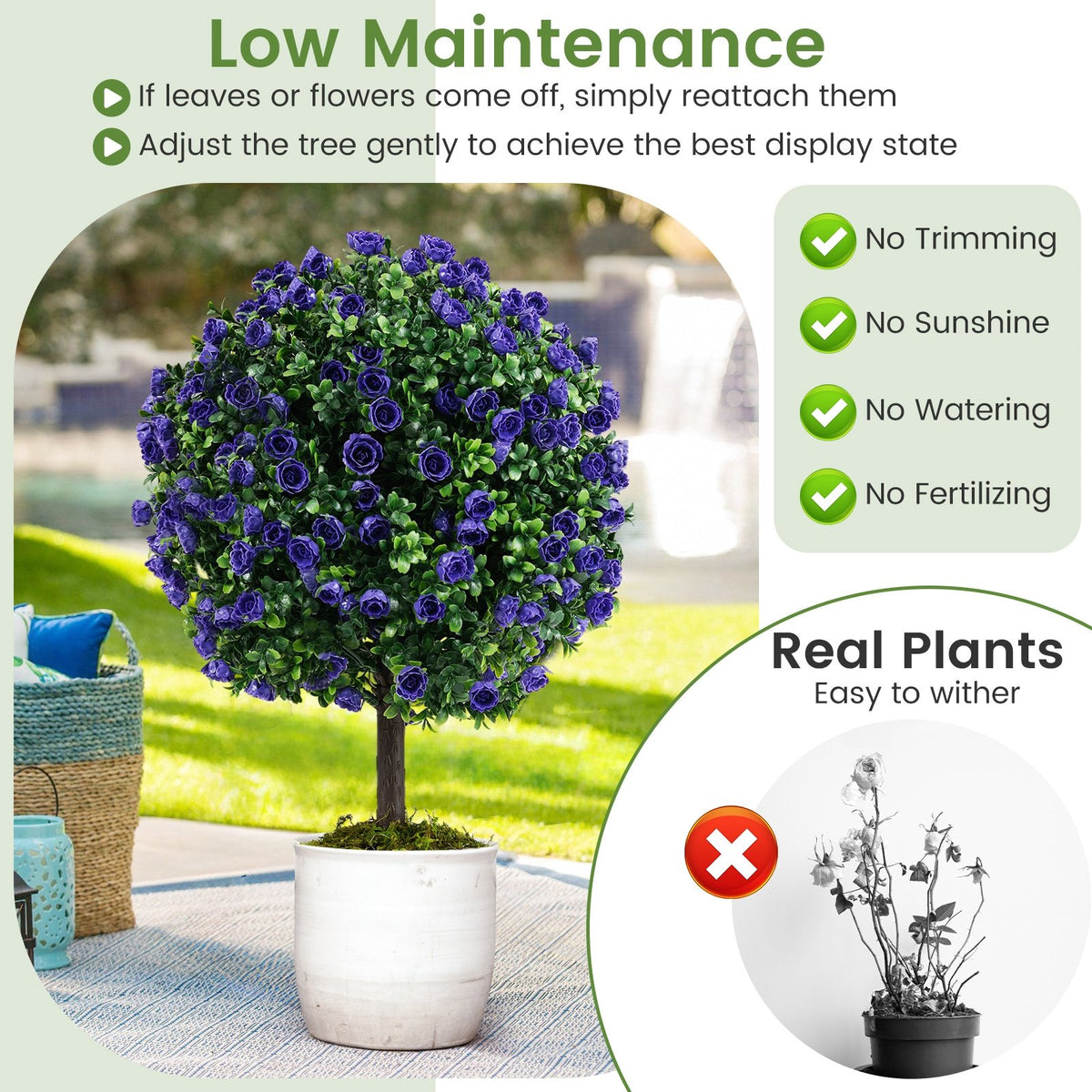 22 Inch Set of 2 Artificial Purple Rose Topiary Ball Trees with Cement-Filled Pot-Purple view 9
