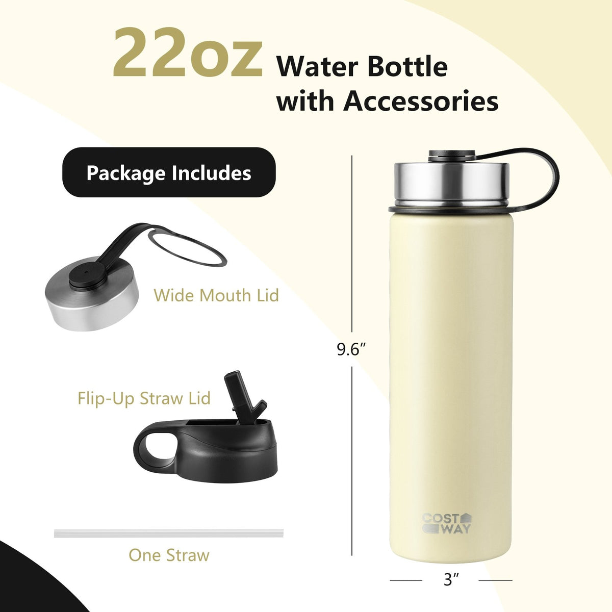 22 Oz Double-walled Insulated Stainless Steel Water Bottle with 2 Lids and Straw-Beige view 4