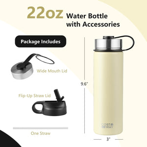 22 Oz Double-walled Insulated Stainless Steel Water Bottle with 2 Lids and Straw-Beige view 4