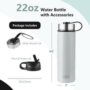 22 Oz Double-walled Insulated Stainless Steel Water Bottle with 2 Lids and Straw-Gray view 4