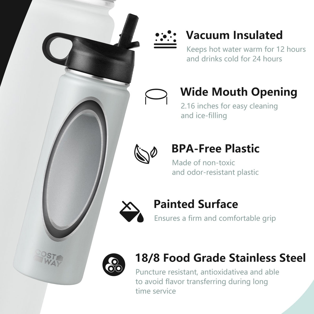 22 Oz Double-walled Insulated Stainless Steel Water Bottle with 2 Lids and Straw-Gray view 9