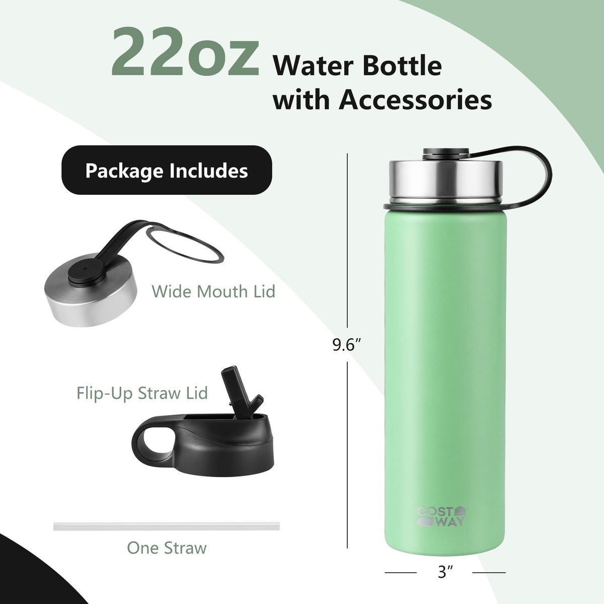 22 Oz Double-walled Insulated Stainless Steel Water Bottle with 2 Lids and Straw-Green view 4
