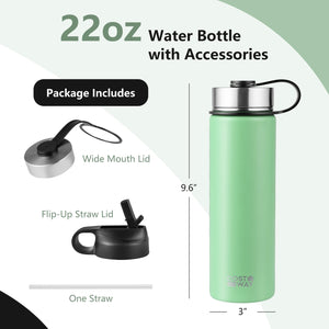 22 Oz Double-walled Insulated Stainless Steel Water Bottle with 2 Lids and Straw-Green view 4