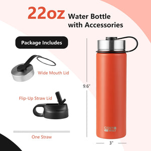 22 Oz Double-walled Insulated Stainless Steel Water Bottle with 2 Lids and Straw-Orange view 4