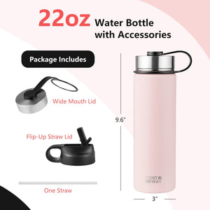 22 Oz Double-walled Insulated Stainless Steel Water Bottle with 2 Lids and Straw-Pink view 4