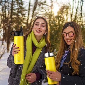 22 Oz Double-walled Insulated Stainless Steel Water Bottle with 2 Lids and Straw-Yellow view 2