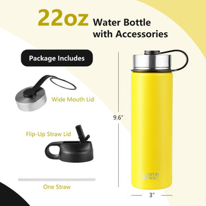 22 Oz Double-walled Insulated Stainless Steel Water Bottle with 2 Lids and Straw-Yellow view 4
