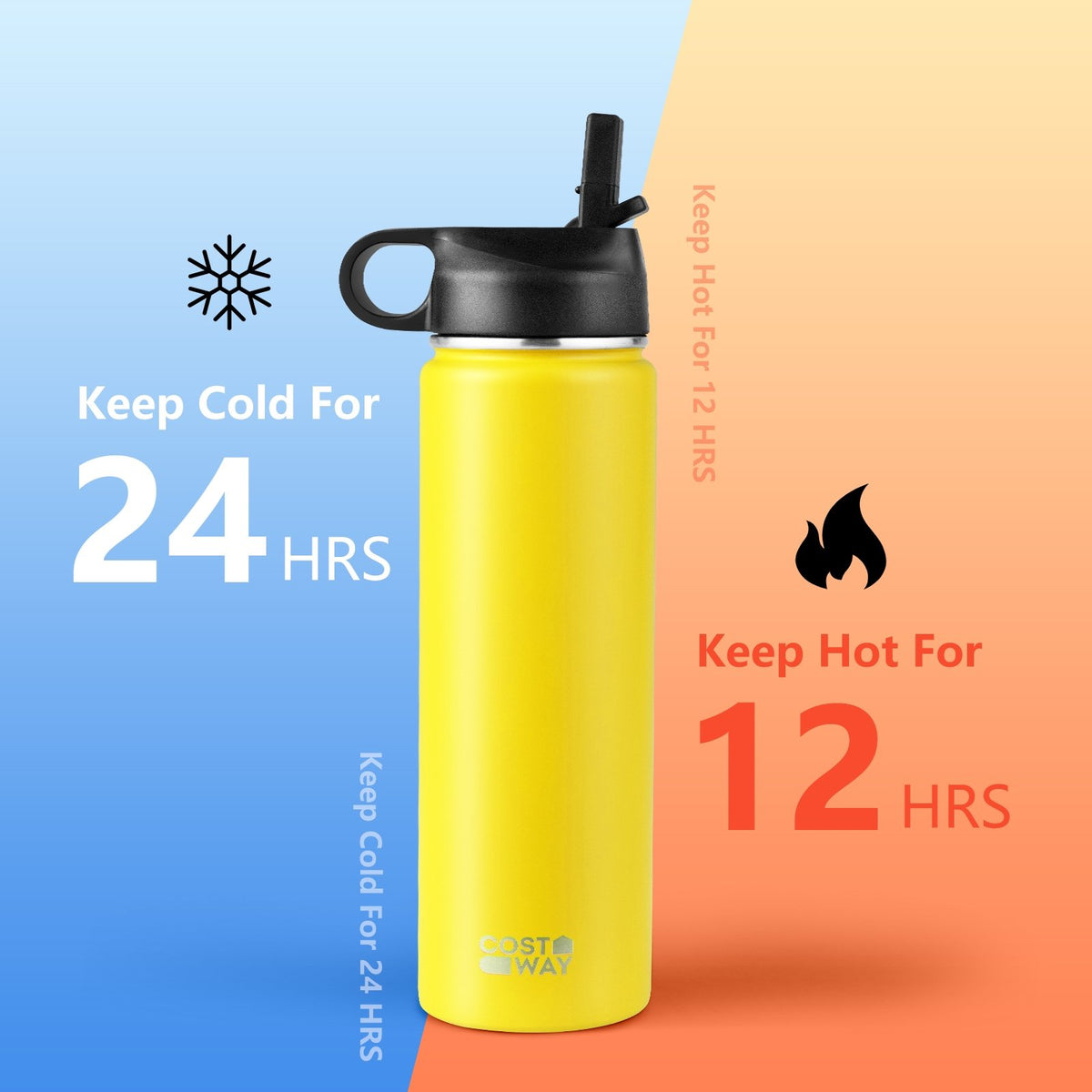 22 Oz Double-walled Insulated Stainless Steel Water Bottle with 2 Lids and Straw-Yellow view 9