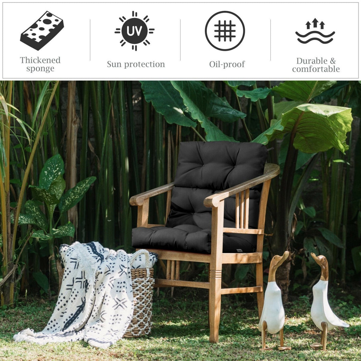 22 x 44 Inch Tufted Outdoor Patio Chair Seating Pad-Black view 8