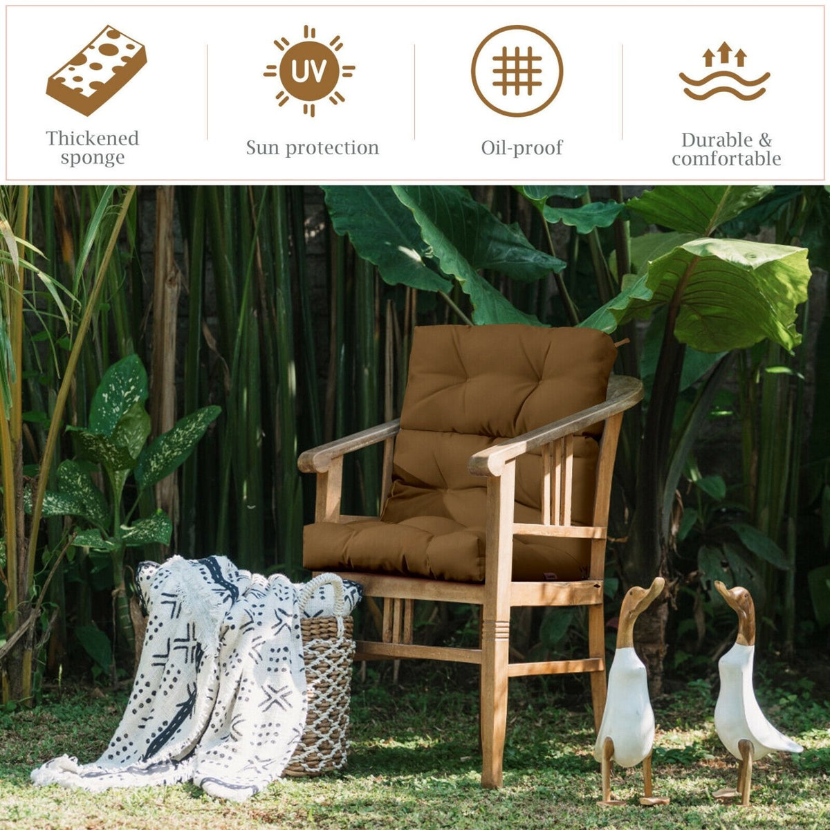 22 x 44 Inch Tufted Outdoor Patio Chair Seating Pad-Brown view 8