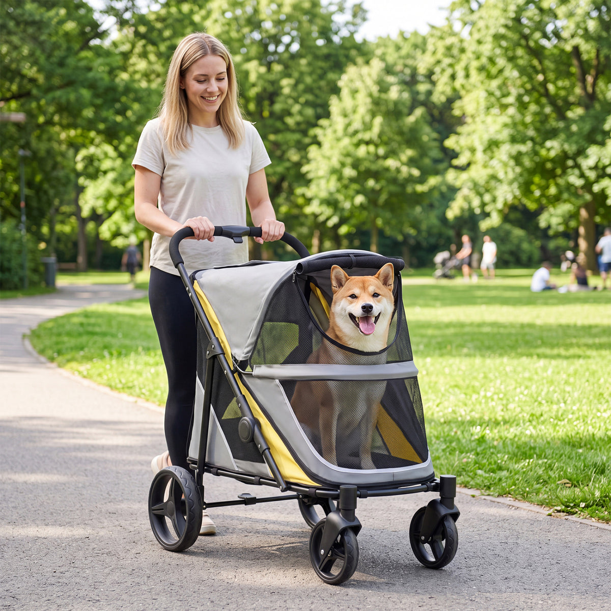 220 LBS Heavy Duty Dog Stroller for Large and Medium Dogs with One-Step Foot Brake and Top & Front Windows-Yellow view 2
