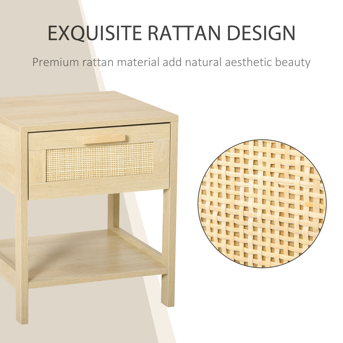 Narrow Nightstand with Rattan Elements, Bedside Table with Drawer and Storage Shelf for Bedroom, Natural – view 3