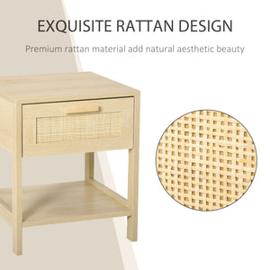 Narrow Nightstand with Rattan Elements, Bedside Table with Drawer and Storage Shelf for Bedroom, Natural – view 3