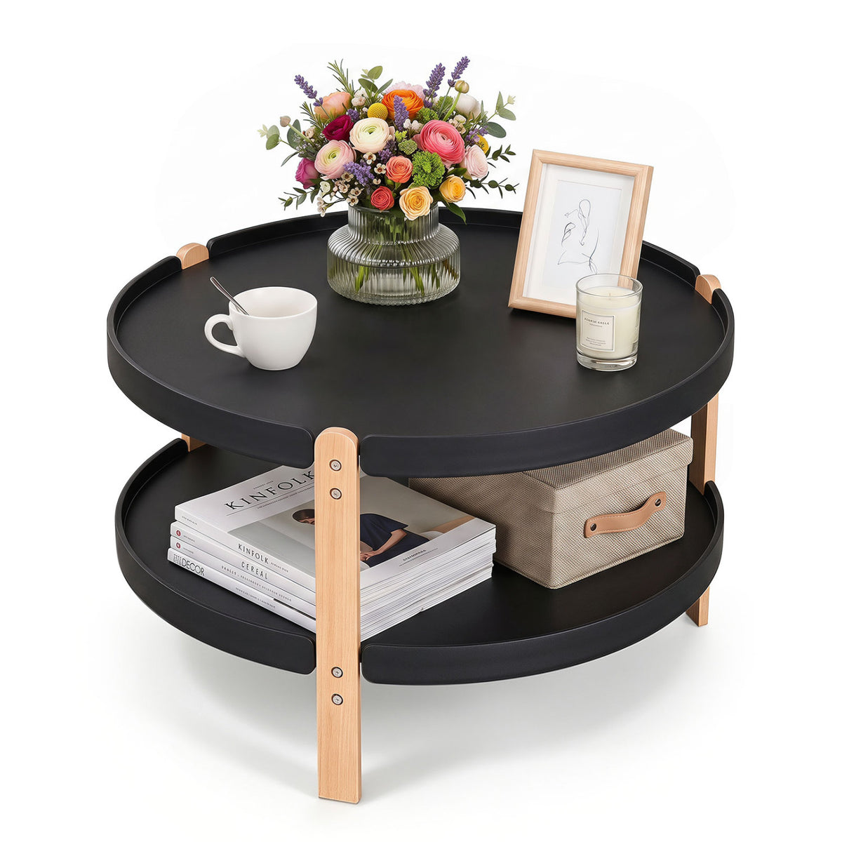 23.5 inches 2-Tier Round Coffee Table with Solid Wood Legs and Open Storage Shelf-Black