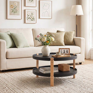 23.5 inches 2-Tier Round Coffee Table with Solid Wood Legs and Open Storage Shelf-Black view 3
