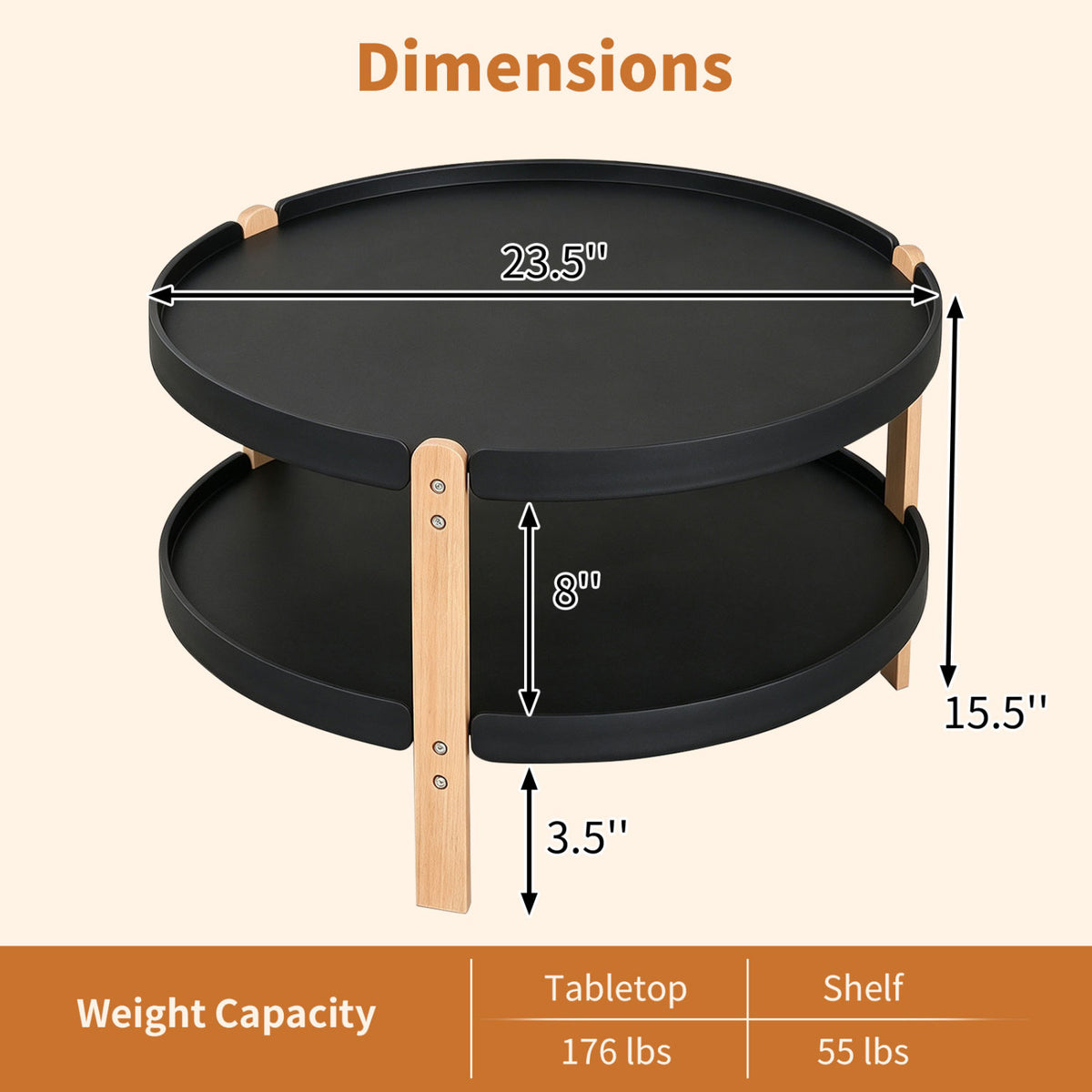 23.5 inches 2-Tier Round Coffee Table with Solid Wood Legs and Open Storage Shelf-Black view 5