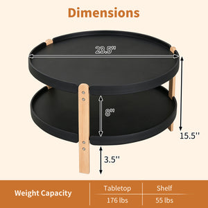 23.5 inches 2-Tier Round Coffee Table with Solid Wood Legs and Open Storage Shelf-Black view 5