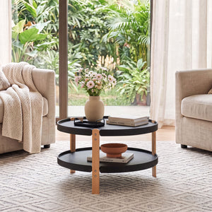 23.5 inches 2-Tier Round Coffee Table with Solid Wood Legs and Open Storage Shelf-Black view 6