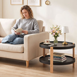 23.5 inches 2-Tier Round Coffee Table with Solid Wood Legs and Open Storage Shelf-Black view 7