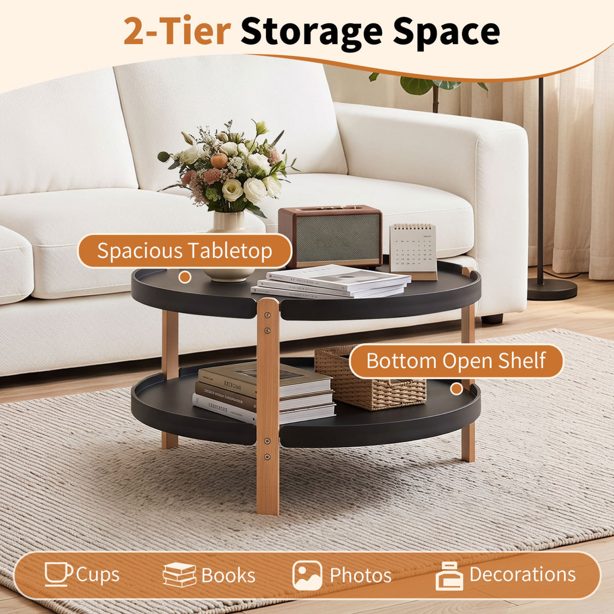 23.5 inches 2-Tier Round Coffee Table with Solid Wood Legs and Open Storage Shelf-Black view 8