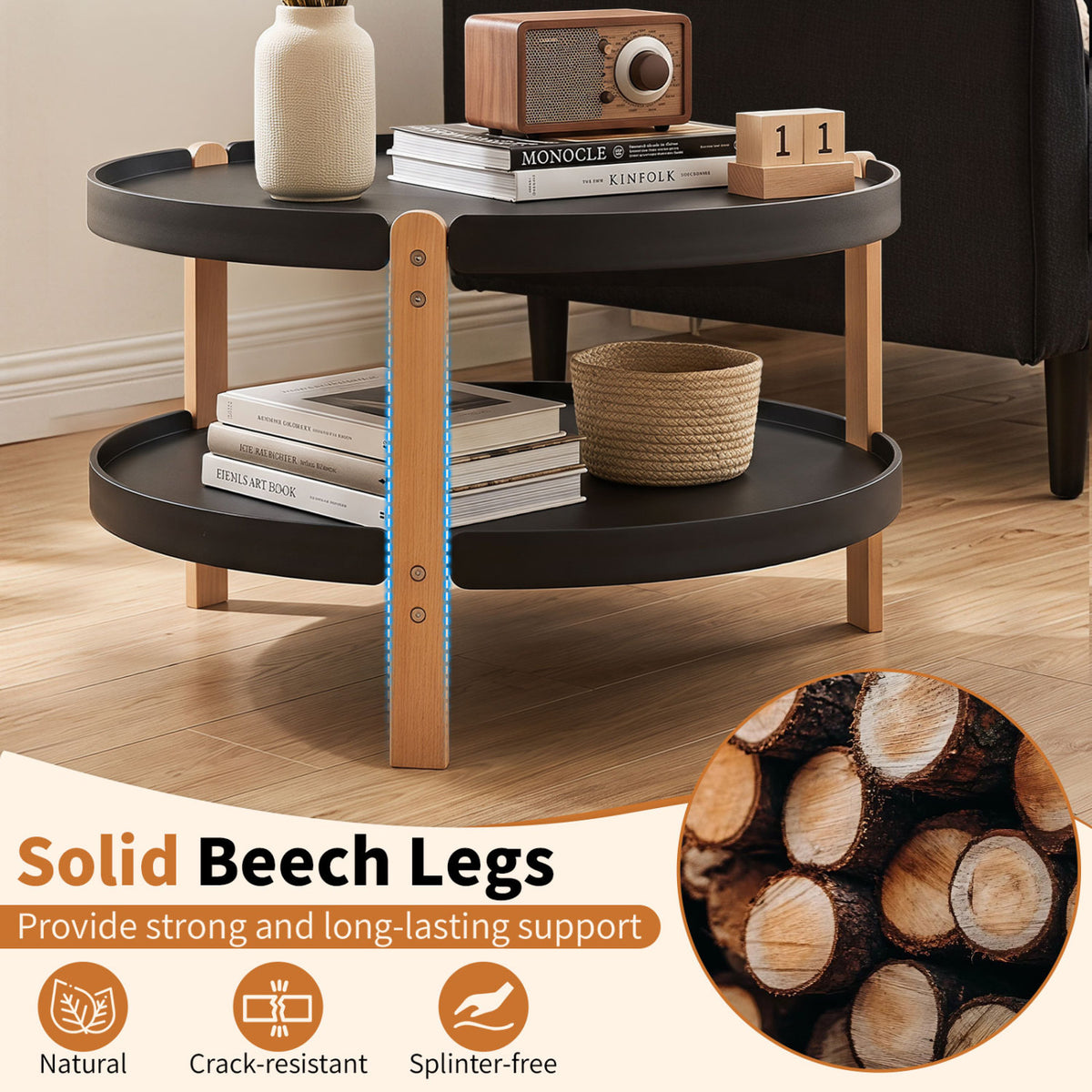 23.5 inches 2-Tier Round Coffee Table with Solid Wood Legs and Open Storage Shelf-Black view 9