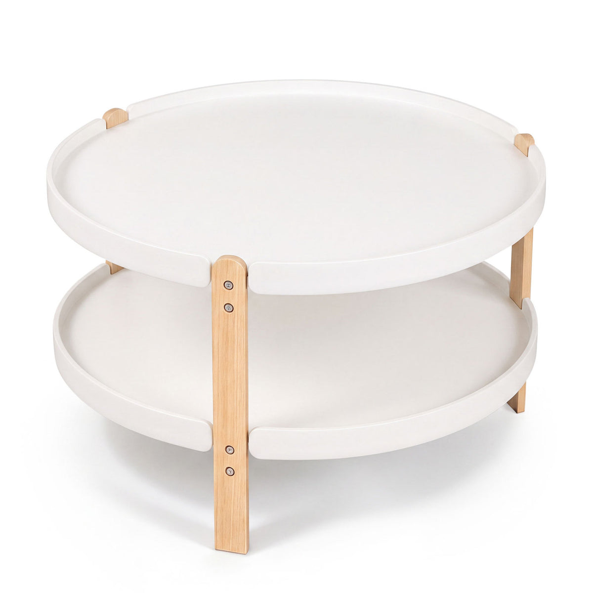 23.5 inches 2-Tier Round Coffee Table with Solid Wood Legs and Open Storage Shelf-White view 4