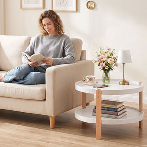 23.5 inches 2-Tier Round Coffee Table with Solid Wood Legs and Open Storage Shelf-White view 7