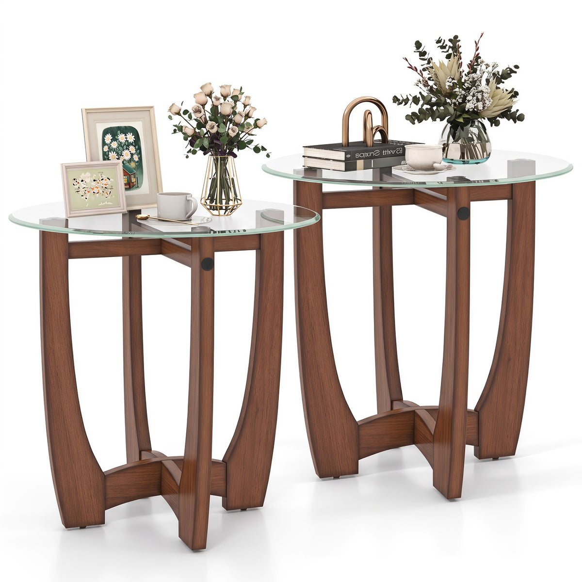 23.5 Inch Round End Side Table Set of 2 with Tempered Glass Tabletop-Walnut view 3