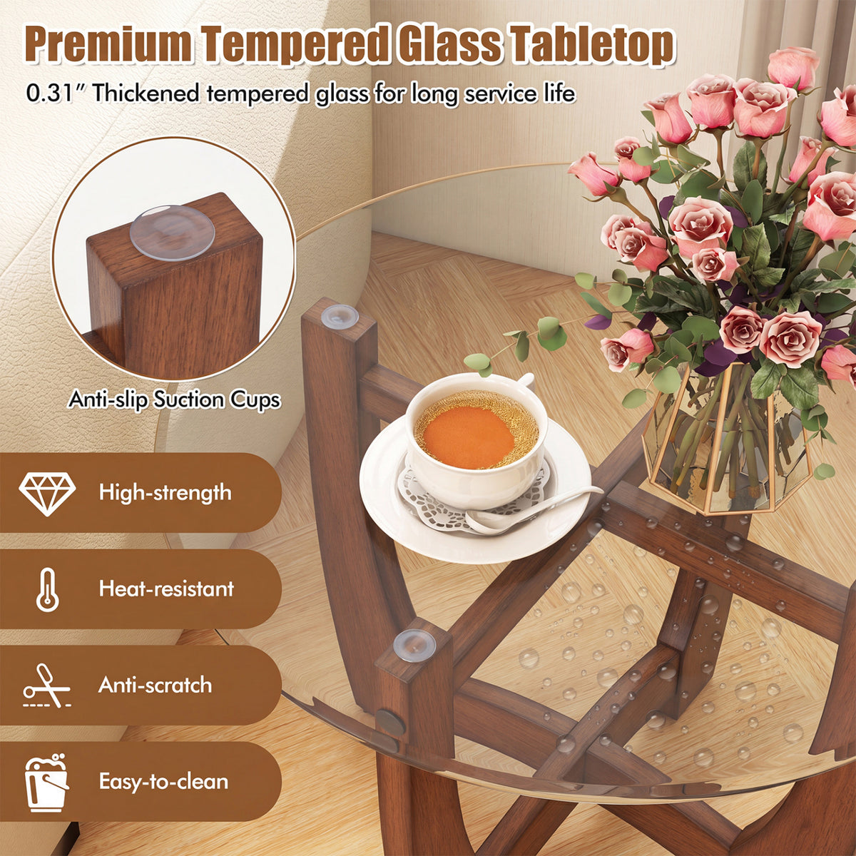 23.5 Inch Round End Side Table Set of 2 with Tempered Glass Tabletop-Walnut view 5