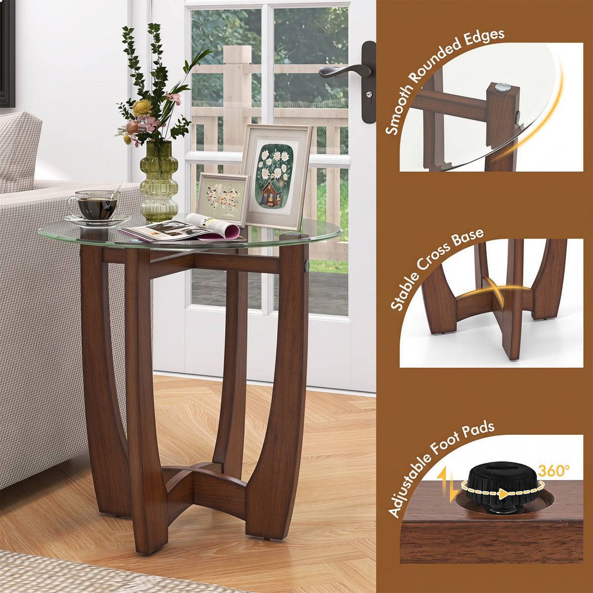 23.5 Inch Round End Side Table Set of 2 with Tempered Glass Tabletop-Walnut view 7